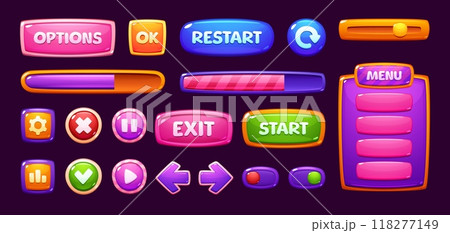 Candy sweet game interface. Cartoon vector menu windows, options, settings, plates with ui buttons, progress bars and gui elements. Glossy user panels with lollipop slider, 2d app design templates set Candy sweet game interface. Cartoon vector menu windows, options, settings, plates with ui buttons, progress bars and gui elements. Glossy user panels with lollipop slider, 2d app design templates set 118277149