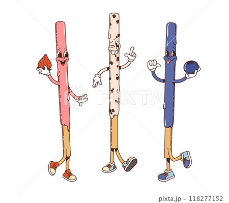 Cartoon groovy japanese pocky dessert characters. Isolated vector sweet stick personages with fun expressions holding a strawberry, chocolate chips, and a blueberry, performing Japan food and culture Cartoon groovy japanese pocky dessert characters. Isolated vector sweet stick personages with fun expressions holding a strawberry, chocolate chips, and a blueberry, performing Japan food and culture 118277152