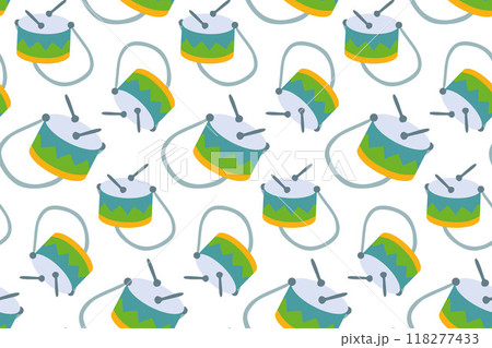 Percussion seamless pattern. Vector Flat Drums illustration for Background, Gift Wrapping Paper Template. Music and Sound concept, Fiesta Musical Instrument. Cartoon Design Element with Drumsticks. Percussion seamless pattern. Vector Flat Drums illustration for Background, Gift Wrapping Paper Template. Music and Sound concept, Fiesta Musical Instrument. Cartoon Design Element with Drumsticks. 118277433