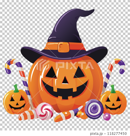 Halloween: Jack-o'-lantern with witch hat and candy 118277450