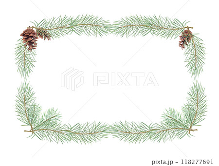 Winter pine tree branches with cones watercolor horizontal frame. Christmas evergreen twigs rectangle illustration with copy space for text. For greeting, package design, invitation 118277691