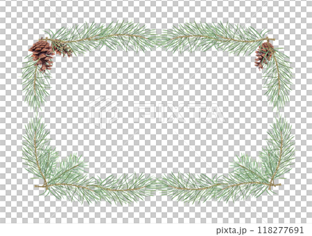 Winter pine tree branches with cones watercolor horizontal frame. Christmas evergreen twigs rectangle illustration with copy space for text. For greeting, package design, invitation 118277691
