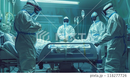 Doctor investigates Monkeypox. Search for Monkeypox in blood. Monkey disease . Virologist in chemical protection suit. Monkeypox epidemic , generated AI 118277726