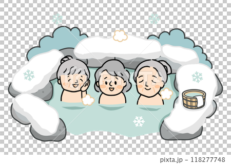 Three senior women taking a bath in an open-air bath in winter 118277748