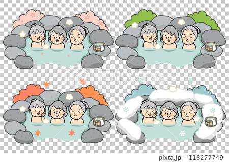 Three senior women taking a bath in an open-air bath in spring, summer, autumn and winter 118277749