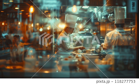 Blurred kitchen restaurant with people working behind glass wall, Chef and sous chef , generated AI Blurred kitchen restaurant with people working behind glass wall, Chef and sous chef , generated AI 118277753