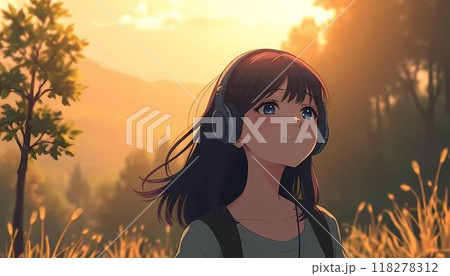 The image is a digital painting of a young woman with long black hair wearing headphones, standing in a field of tall grass at sunset. The woman is looking up into the sky, smiling softly as the gold 118278312