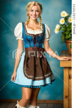 ディアンドイルを着た女性モデルと白い花のスタジオ写真 118278551