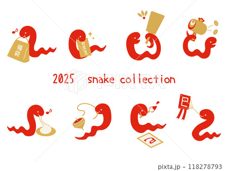 お正月の縁起物と可愛い赤い蛇を絡めたフラットイラストセット 118278793