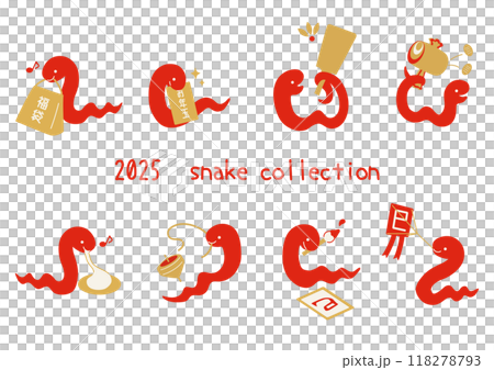 Flat illustration set of New Year's lucky charms and cute red snakes Flat illustration set of New Year's lucky charms and cute red snakes 118278793