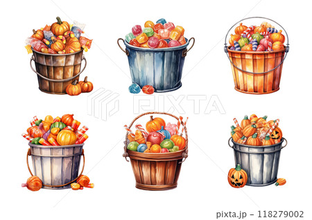 Halloween Candy in Bucket Collection Bundle Set Isolated on a Transparent Background 118279002
