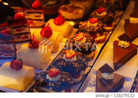 Turkish popular desserts with strawberries in a row on the counter in Turkey 118279112