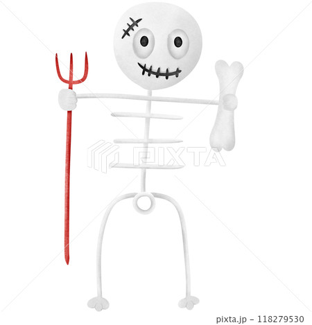 skeleton holds the bone holding the three-pronged stick. 118279530