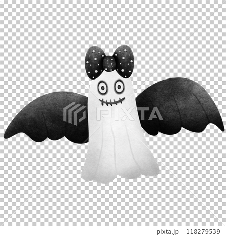 floating ghost has black and white wings with a black bow with white dots on its head. 118279539