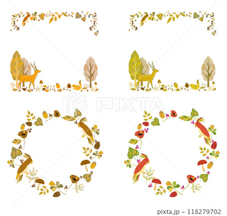 紅葉と動物の秋フレームセット 鹿と栗鼠と鸚鵡 118279702