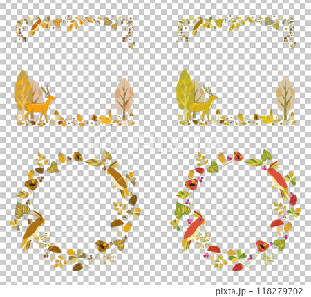 紅葉と動物の秋フレームセット 鹿と栗鼠と鸚鵡 118279702