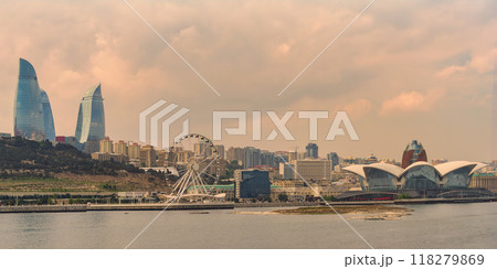 Baku Skyline Featuring Flame Towers, Baku Eye, and Modern Architecture Along the Waterfront Baku Skyline Featuring Flame Towers, Baku Eye, and Modern Architecture Along the Waterfront 118279869