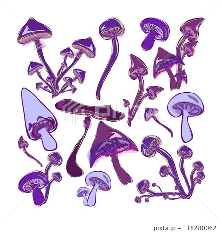 Set of fantasy colorful mushrooms. Hand drawn vector collection. Forest plants sketches. Botanical set. 118280062