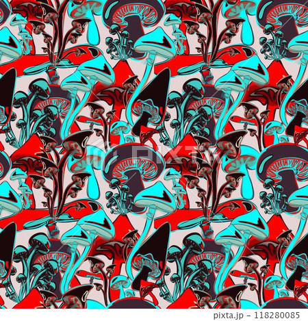 Autumn seamless pattern with colorful mushrooms. Botanical vector design Autumn seamless pattern with colorful mushrooms. Botanical vector design 118280085