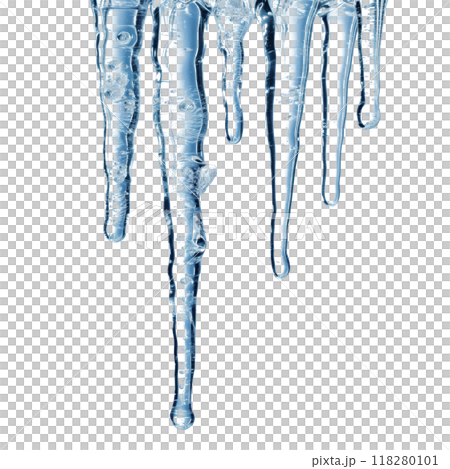 Medium-sized icicles hanging from a surface, isolated on a transparent background. Symbolizes winter, cold, and ice. Suitable for winter projects, seasonal decorations, and natural concepts. 118280101