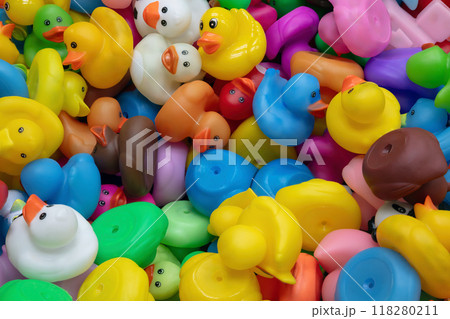 Multicolored Rubber Duck Toys Background, Full Frame Multicolored Rubber Duck Toys Background, Full Frame 118280211