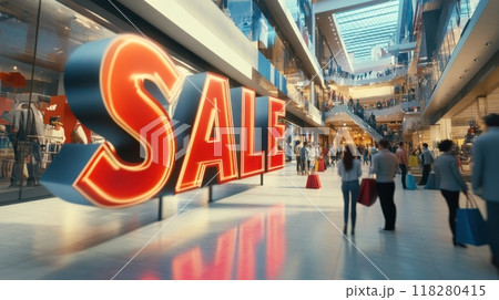 Massive 3D SALE letters in a bustling mall with eager shoppers, capturing the excitement and urgency of Black Friday sales. Black friday 118280415