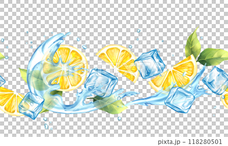 Lemon with ice water splash and ice cubes. Fruit seamless border on white background 118280501