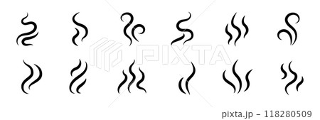 Smoke steam icon vector logo set. Smoke smell, steam aroma heat icon illustration. Hot vapor fire doodle line logo. Hit stink, coffee, fragrance flame elements. Vector 118280509
