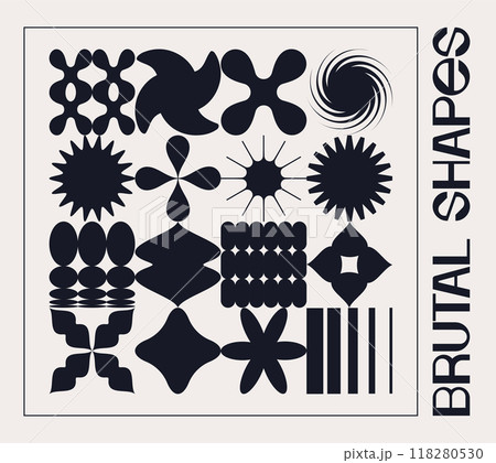 Set of neo brutalism geometric shapes. Brutalist futuristic, Memphis pattern background. Collection of black brutalism, geometric abstract flat shapes. Modern vector design for cards, invitation 118280530