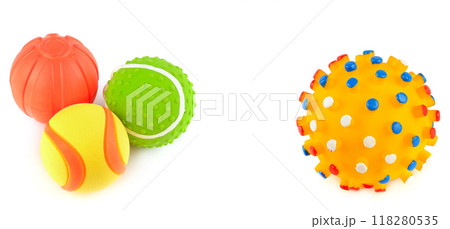 Set of dog toys isolated on white. Free space for text. Collage. Wide photo. 118280535