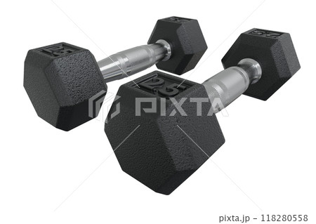Two Hex Dumbbell with numbers 2.5, weightlifting gym equipment 118280558