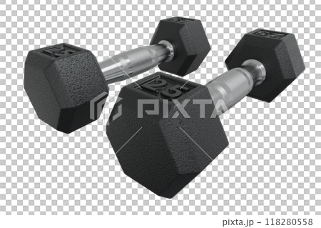 Two Hex Dumbbell with numbers 2.5, weightlifting gym equipment 118280558