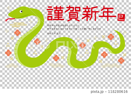 New Year's card with a horizontal snake and Japanese pattern illustration_Happy New Year_Horizontal_White 118280616
