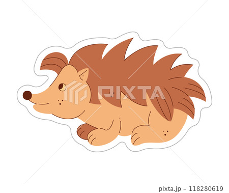 Sticker with cute hedgehogs. Color flat vector illustration. Sticker with cute hedgehogs. Color flat vector illustration. 118280619