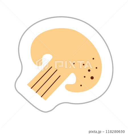 Sticker with piece of champignon. Color flat vector illustration. Sticker with piece of champignon. Color flat vector illustration. 118280630