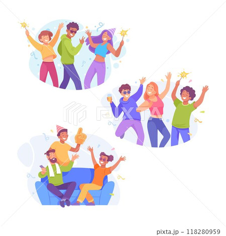 Holiday with Group of Man and Woman Cheering Vector Set 118280959