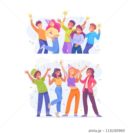 Holiday with Group of Man and Woman Cheering Vector Set 118280960