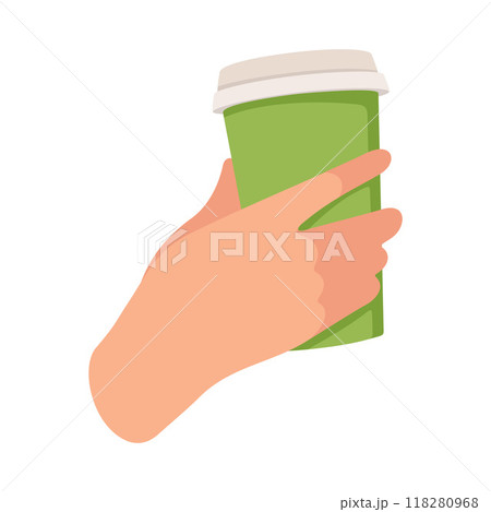 Hand Hold Paper Takeaway Mug or Cup with Tea or Coffee Vector Illustration 118280968