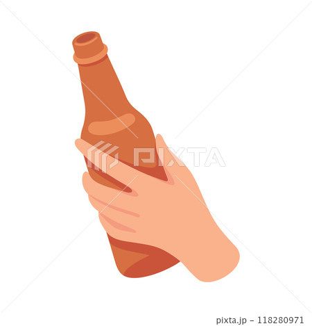 Glass Bottle with Beer Hold by Hand Vector Illustration 118280971