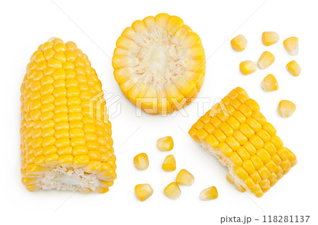 ear of corn isolated on a white background with full depth of field. Top view. Flat lay 118281137