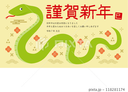 横向きの蛇と和柄のイラストの年賀状_謹賀新年_横型_黄色 118281174