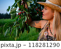 A beautiful woman holds a branch of a cherry tree and watches the summer sun set with delight 118281290