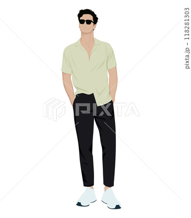 Vector illustration of a man in a light green shirt with short sleeves and black pants. Summer minimalism 118281303