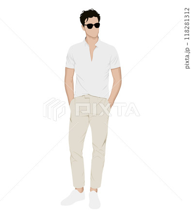 Vector illustration of a man in a light shirt and beige pants. Bright summer image 118281312