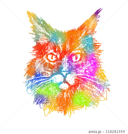 Beautiful colored cat. Rainbow Maine Coon cat. hand drawing. Not AI, Vector illustration Beautiful colored cat. Rainbow Maine Coon cat. hand drawing. Not AI, Vector illustration 118281354