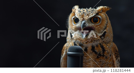 Serious eagle owl speak or singing in microphone on concert at the stage. Banner with eagle owl singer on black background, copy space Serious eagle owl speak or singing in microphone on concert at the stage. Banner with eagle owl singer on black background, copy space 118281444