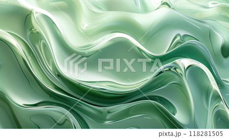Glowing metallic green liquid flows beautifully in smooth waves, dynamic abstract background shimmering with reflections 118281505