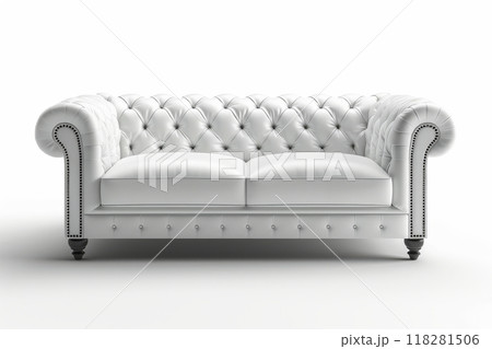 Exquisite, modern retro style white leather sofa with tufted upholstery isolated on white solid background, empty luxurious furniture for home, office or reception 118281506