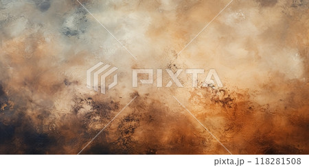 Abstract background with textured blended gradient brown, beige and black colors with distressed paint strokes and splatters on canvas 118281508
