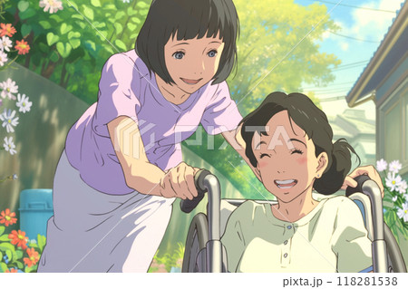 車椅子のシニア女性と若い女性介護士_精密イラスト5 車椅子のシニア女性と若い女性介護士_精密イラスト5 118281538